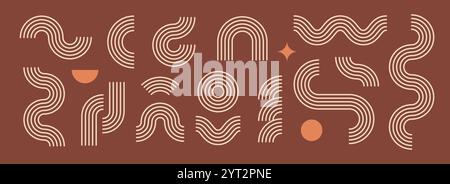 Boho Line Element Collection. Braune Wellen-, Zickzack- und Bogenform. Mitte Jahrhundert Geo-Kurve und Bogensatz. Verschiedene dekorative Zierform für Abzeichen, Icon, Poster, Banner, Vorlage. Vektor Stock Vektor