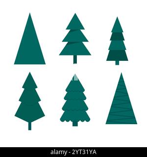 Stilisierte Baumsilhouetten. Geometrische Kiefernformen. Minimale grüne Symbole. Forest Vector Set. Stock Vektor
