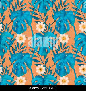 Das Design zeigt farbenfrohe tropische Blätter und leuchtende Blumen, die wunderschön auf einem lebhaften orangen Hintergrund gehalten werden. Nahtloses Aquarellmuster zum Drucken auf Papier und Stoff. Stockfoto