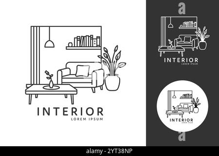 Eine minimalistische Strichkunst-Illustration zeigt eine moderne Wohnzimmereinrichtung mit Sofa, Couchtisch, Pflanzen und Büchern. Stock Vektor