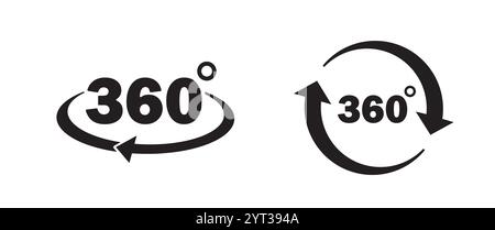 360 Grad Symbolsatz. Drehung und Winkel von Ansichten. Simulation, Panorama und Rotation. Virtuelle Realität und Cyberspace. Aufkleber für soziale Medien. Flach Stock Vektor