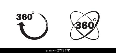 360 Grad Symbolsatz. Drehung und Winkel von Ansichten. Simulation, Panorama und Rotation. Vorlage und Layout. Grafikelement für Website. Flacher Vektor Stock Vektor
