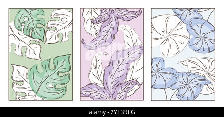 Poster mit gezeichneten Blättern. Minimalistisches Kunstobjekt. Grün, blau und violett Laub. Frühling oder Sommer. Ästhetik und Eleganz. Linearer Vektor Stock Vektor