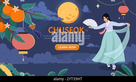 Chuseok Landing-Page. Frau in blauem Kleid mit Handfächer in der Nähe roter chinesischer Lampen. Traditioneller koreanischer asiatischer Feiertag und Festival. Poster oder Banner für Stock Vektor