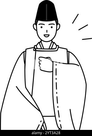 Priester des Schreins, trägt Eboshi und Kariginu, klopft auf die Brust, Vektor-Illustration Stock Vektor