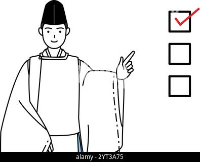 Priester des Schreins, trägt Eboshi und Kariginu, zeigt auf eine Checkliste, Vektor-Illustration Stock Vektor
