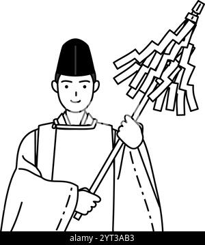Priester des Schreins, trägt Eboshi und Kariginu, betend, Vektor-Illustration Stock Vektor