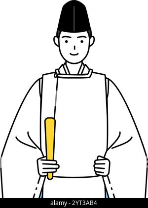 Priester des Schreins, trägt Eboshi und Kariginu, hält ein Zepter, Vektor-Illustration Stock Vektor
