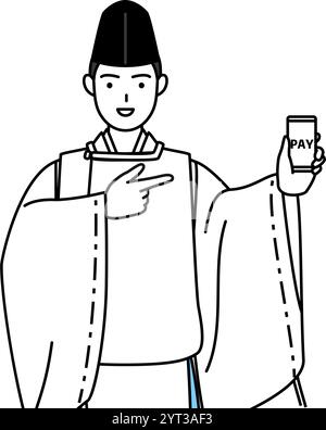 Priester des Schreins, trägt Eboshi und Kariginu, empfiehlt bargeldlose Online-Zahlungen auf einem Smartphone, Vector Illustration Stock Vektor