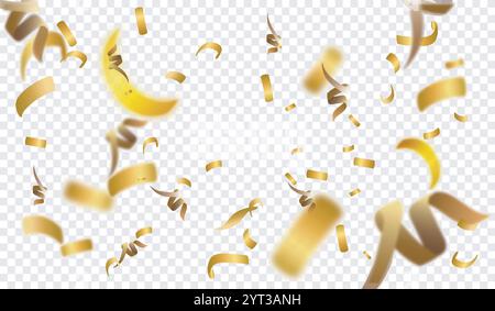 Realistisches goldenes Konfetti. Goldene Spiralbänder. Dekoration für Feiertage und Festivals. Serpentine für Silvester und Weihnachten. 3D-Vektordarstellung Stock Vektor