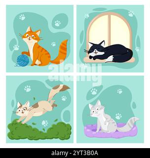 Bildersatz mit Katzen. Orange, Schwarz, Grau und Beige Kätzchen. Haustiere und Haustiere. Kätzchen am Fensterrahmen, spielen mit Wollball und verstecken sich Stock Vektor