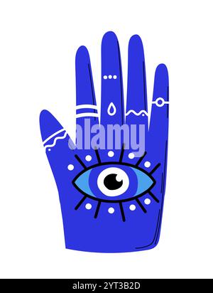 Türkisches böses Auge. Traditionelle türkische Amuletthand mit blauem Auge. Mystik und Esoterik, Okkultismus. Paranormale und magische Tätowierungsskizze. Flach Stock Vektor