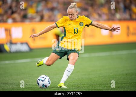 Melbourne, Australien. Dezember 2024. Australiens Tameka Yallop wurde während des Freundschaftsspiels zwischen Australia Matildas und Chinese Taipei im AAMI Park in Aktion gesehen. Ergebnis: Australien 3:1 Chinesisch Taipeh Credit: SOPA Images Limited/Alamy Live News Stockfoto