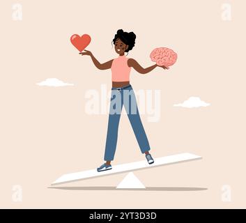 Gehirn-Herz-Balance. Emotionale Intelligenz. Afrikanische weibliche Figur findet das Gleichgewicht zwischen Herz und Gehirn. Vektorabbildung in flach Stock Vektor