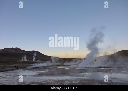 Die Geysire von El Tatio werden bei Sonnenaufgang im chilenischen altiplano gesehen, 4.280 Meter über dem Meeresspiegel. Mit fast 80 aktiven Geysiren ist El Tatio der größte Geysir in der südlichen Hemisphäre. Stockfoto