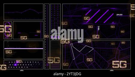 Bild von 5g-Text mit Symbolen und Datenverarbeitung über dunklem Hintergrund Stockfoto