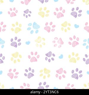 Lilafarbenes, blaues, gelbes Doodle Pfoten-Muster und nahtloses Herzmuster Stock Vektor