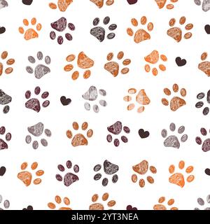 Braunes orangefarbenes Doodle-Pfoten-Muster und nahtloses Herzmuster Stock Vektor