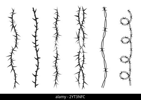 Thorn Stab Rebpflanze mit Stacheln einfacher Rand y2k gruseliger Zweig. Tätowierung mit Stacheldraht. Begrenzungsrahmen. . Vektorabbildung Stock Vektor