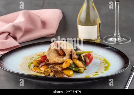 Garnelen in Wolfsbarsch eingewickelt auf verschiedenen Gemüsesorten auf einem Porzellanteller Stockfoto