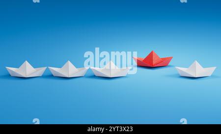 Roter Vogel schwimmt zwischen weißem Vogel Papierkran. 3D Illustration Vogelpapier Handwerk für Hiroshima Gedenktag Minimal Style Konzept.3D Rendering auf b Stockfoto