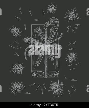 Einfache Skizze einer Geschenkbox mit Weihnachtsbaumzweigen und Zuckerrohr. Neujahrsgrußkarten-Design. Stock Vektor