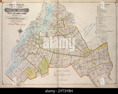 Index zu Volume 1. Atlas aus dem Borough of Brooklyn. New York. Abschnitte 1-14. Stationen 1-28. Veröffentlicht von E. Belcher Hyde, 97 Liberty St., Brooklyn, 5 Beekman St., Manhattan. 1916. 2. Teil Seite 29-50 1916 von E.B. Hyde & Co. Stockfoto