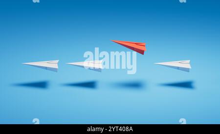 Roter Vogel schwimmt zwischen weißem Vogel Papierkran. 3D Illustration Vogelpapier Handwerk für Hiroshima Gedenktag Minimal Style Konzept.3D Rendering auf b Stockfoto