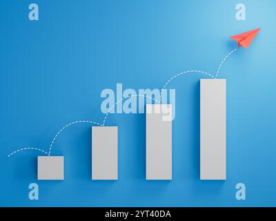 Papierflugzeug segelt auf Wachstumskurve. Papierkunst Stil des Geschäftserfolgs kreatives Konzept IDEA.3D-Rendering auf blauem Hintergrund. Stockfoto