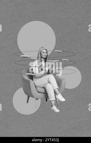 Vertikales Collagenbild einer schwarz-weißen Gamma-Age-Lady Sesselstuhl lesen Interessantes Buch isoliert über den Zeichnungshintergrund Stockfoto