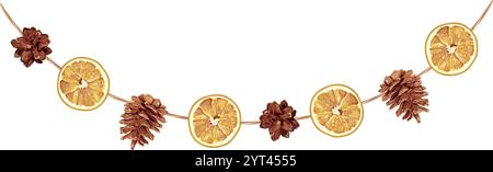 Vektor-Illustration der umweltfreundlichen Girlande mit Tannenzapfen und getrockneten Orangenscheiben, ideal für nachhaltige Weihnachten und rustikale Feiertagsdekor. Stock Vektor