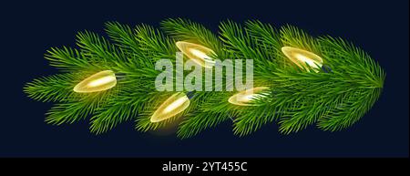 Leuchtende grüne Tannenzweige verwoben mit einer Girlande funkelnder Weihnachtslichter auf blauem Hintergrund. Vektor-Illustration für Neujahr, Weihnachten Stock Vektor