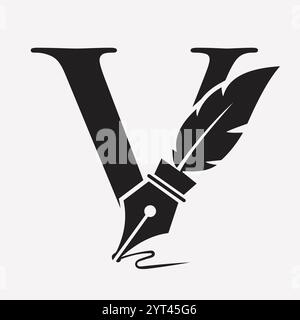 Initial Feather Logo auf Buchstabe V Konzept mit Tintensymbol für Anwaltskanzlei und Anwaltsschild Stock Vektor