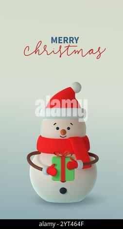 Fröhlicher 3D-Schneemann mit rotem Hut und Schal, mit grünem Geschenk. . Vektor-Illustration mit pastellfarbenem Hintergrund. Handgeschriebener Text für frohe Weihnachten Stock Vektor