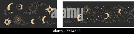 Himmlisches Set mit spiritueller Dekoration mit asiatischen Wolken, Mond, Sonnenaufgang und Sternen. Linien-Astrologie-Muster, minimaler geometrischer Hintergrund. Vektorabbildung Stock Vektor