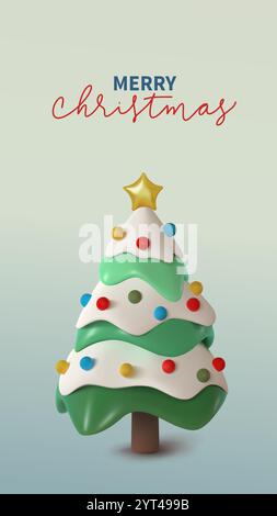 Vektor-3D-Illustration des verschneiten und verzierten Weihnachts- und Neujahrsbaums, farbenfrohe Ornamente und Stern, perfekt für die Vermittlung festlicher Freude und Feiertage Stock Vektor