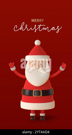 Fröhlicher Cartoon Santa Claus vor einem leuchtend roten Hintergrund, die Arme vor Freude erhoben. Vektor-Banner perfekt für Feiertagsgrüße, der Geist von Stock Vektor