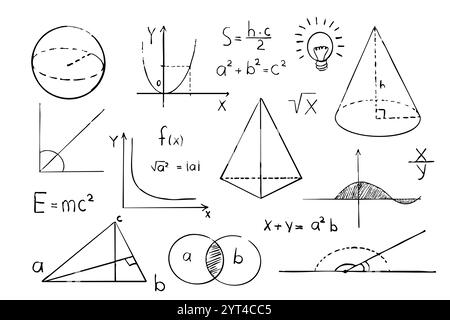Mathematische Geometrie und Formen auf Tafel Hintergrund. Stellen Sie handgezeichnete Skizzenelemente mit wissenschaftlichen Kritzeleien ein. Theoretische Formel studieren, Berechnungen. Vektorabbildung Stock Vektor