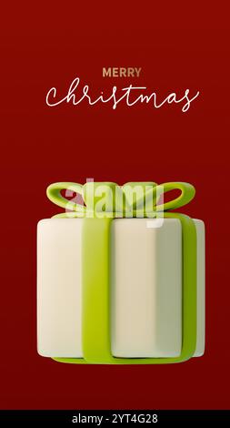 Lebendiges modernes 3D-Weihnachtsgeschenk in Grün und weiß auf sattem rotem Hintergrund, das eine festliche Stimmung perfekt einfängt. Vektorabbildung. Handgeschriebenes Merry Stock Vektor