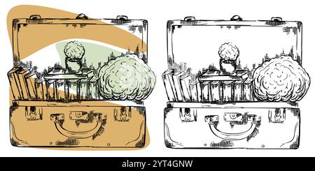 Grafisches Liner Sketch Vintage Koffer mit Büchern und Blumen Illustration Set, Reise-Home Dekoration Clipart Stockfoto