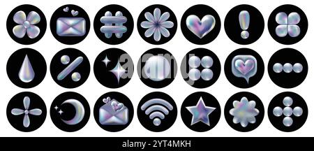 3D-holografischer Retro-90-Symbolsatz. Chrome Heart, Stern, Hashtag, Umschlag, Wi-Fi, Daisy Flowers, Moon, abstrakte Formen isoliert auf Schwarz. Ästhetik der Zukunft, 3D-Chrom-Blasenkunst. Aufkleberset aus glänzendem Metall. Stock Vektor