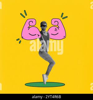 Lustige und skurrile Illustration eines Mannes, der mit übergroßen rosa Cartoon-Muskeln vor hellgelbem Hintergrund posiert. Zeitgenössische Kunstcollage. Stockfoto