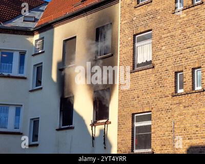 Bitterfeld-Wolfen - zwei Menschen per Drehleiter gerettet: Feuerwehr löscht Wohnungsbrand 05.12.2024 gegen 11 Uhr Bitterfeld-Wolfen, Lessingstraße zu einem Wohnungsbrand kam es am Donnerstagvormittag in Bitterfeld-Wolfen. Nach ersten Angaben der Feuerwehr brannte es im Obergeschoss eines Mehrfamilienhauses in der Lessingstraße. Dort drang bereits bei Anfahrt der Feuerwehrleute große dunkle Rauchwolken aus der Wohnung. Die Feuerwehrleute müssen mindestens zwei Personen pro Drehleiter aus dem Haus retten. Sie wurden vom Rettungsdienst behandelt und medizinisch betreut. WEITERE Angaben zu Verlet Stockfoto