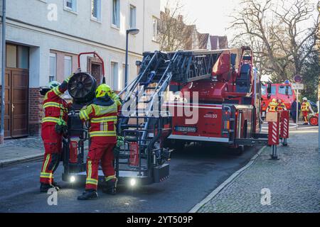 Bitterfeld-Wolfen - zwei Menschen per Drehleiter gerettet: Feuerwehr löscht Wohnungsbrand 05.12.2024 gegen 11 Uhr Bitterfeld-Wolfen, Lessingstraße zu einem Wohnungsbrand kam es am Donnerstagvormittag in Bitterfeld-Wolfen. Nach ersten Angaben der Feuerwehr brannte es im Obergeschoss eines Mehrfamilienhauses in der Lessingstraße. Dort drang bereits bei Anfahrt der Feuerwehrleute große dunkle Rauchwolken aus der Wohnung. Die Feuerwehrleute müssen mindestens zwei Personen pro Drehleiter aus dem Haus retten. Sie wurden vom Rettungsdienst behandelt und medizinisch betreut. WEITERE Angaben zu Verlet Stockfoto