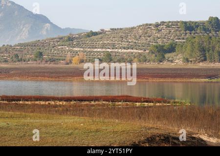 Herbst im Beniarres-Stausee mit Wasserknappheit aufgrund des Klimawandels, Spanien Stockfoto