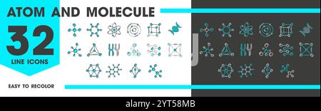 DNA, Atom, Symbole für Chromosomenmoleküle, Vektorwissenschaft, Chemie und Physik, Biologie und Medizin. Konturierung der Molekülstruktursymbole von DNA-Helix, Zellen, Chromosomen, Atom mit Elektronenumlaufbahnen Stock Vektor