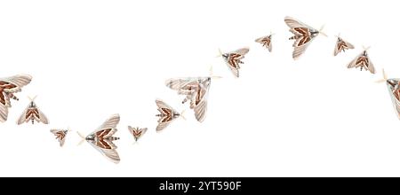 Motten, Insekten. Schmetterlinge zart mit Flügeln flattern. Wellenförmiger, nahtloser Rand. Horizontales Banner für den Sommer. Handgezeichnete Aquarellillustration isoliert Stockfoto