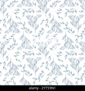 Aquarell mediterranes einfarbiges blaues nahtloses Muster isoliert. Meerespflanzen und Korallen im hellblauen Muster. Riffe und Laminarien handgezeichnet Stockfoto
