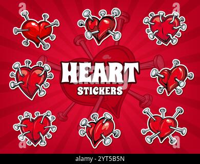 Tätowierung von Scheidungsherzen, durchbohrt von Nägeln, Aufkleber-Pack. Cartoon Vektor Patches mit roten Herzen durchbohrt von Nägeln, symbolisieren Liebe, Herzschmerz und Emotionen für Valentinstag und romantische Dekoration Stock Vektor