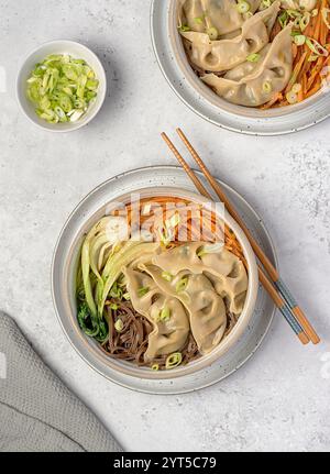 Lebensmittelfotografie von Suppen-Ramen mit Gemüsegyoza-Knödeln, Soba, Buchweizennudeln, Frühlingszwiebeln, Karotten, Bok Choy, Essstäbchen; veganes Essen, Chinesisch Stockfoto